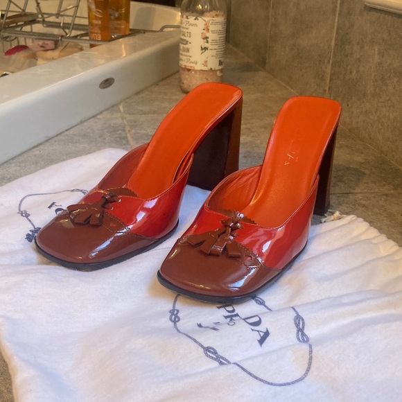 Prada Shoes - Prada Women's Red and Brown Patent Leather Mules